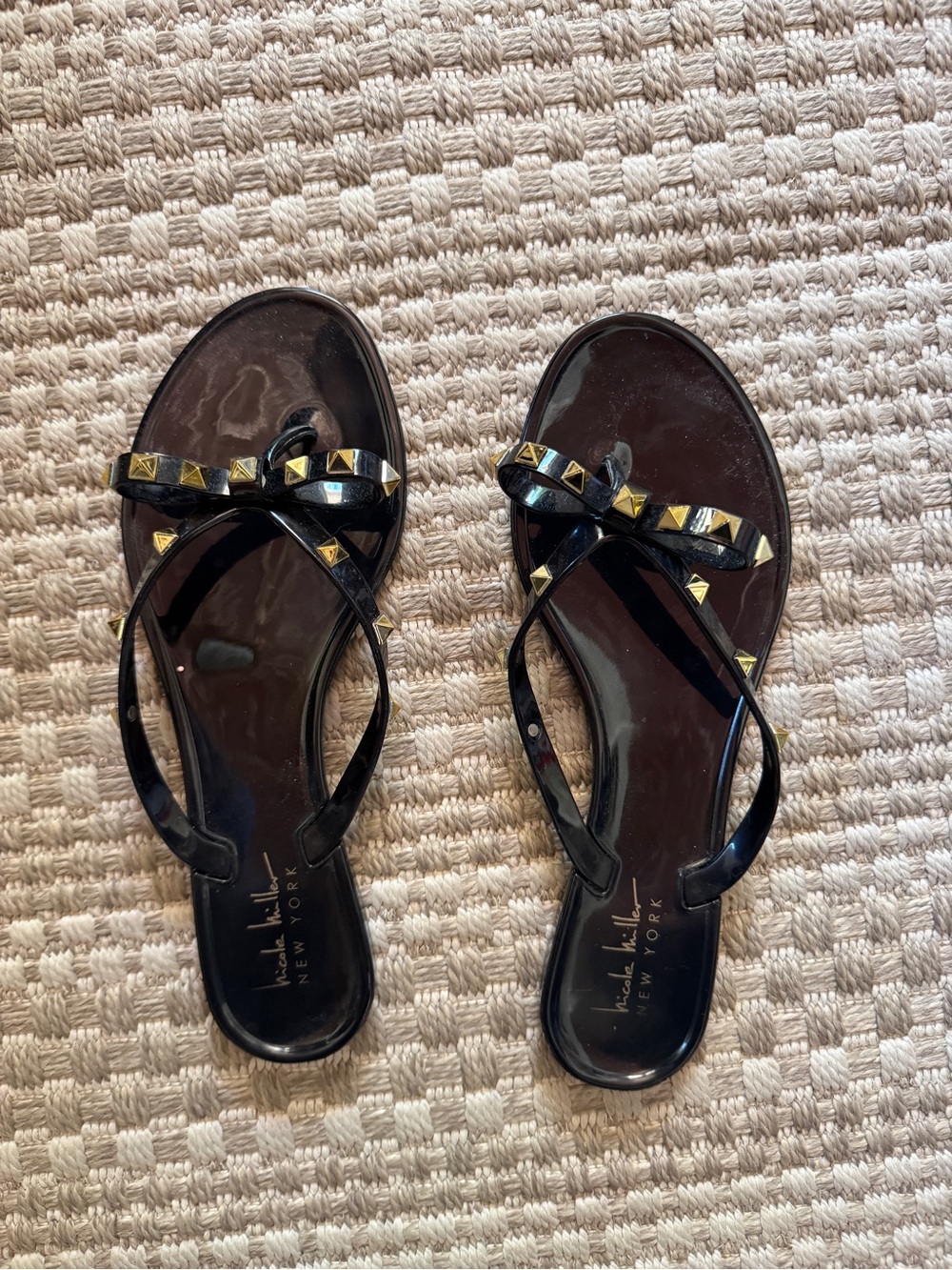 Nicole Miller Black Jelly Thong Sandals with Gold Studs